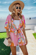 Drop Shoulder Graphic Tie Front Short Set