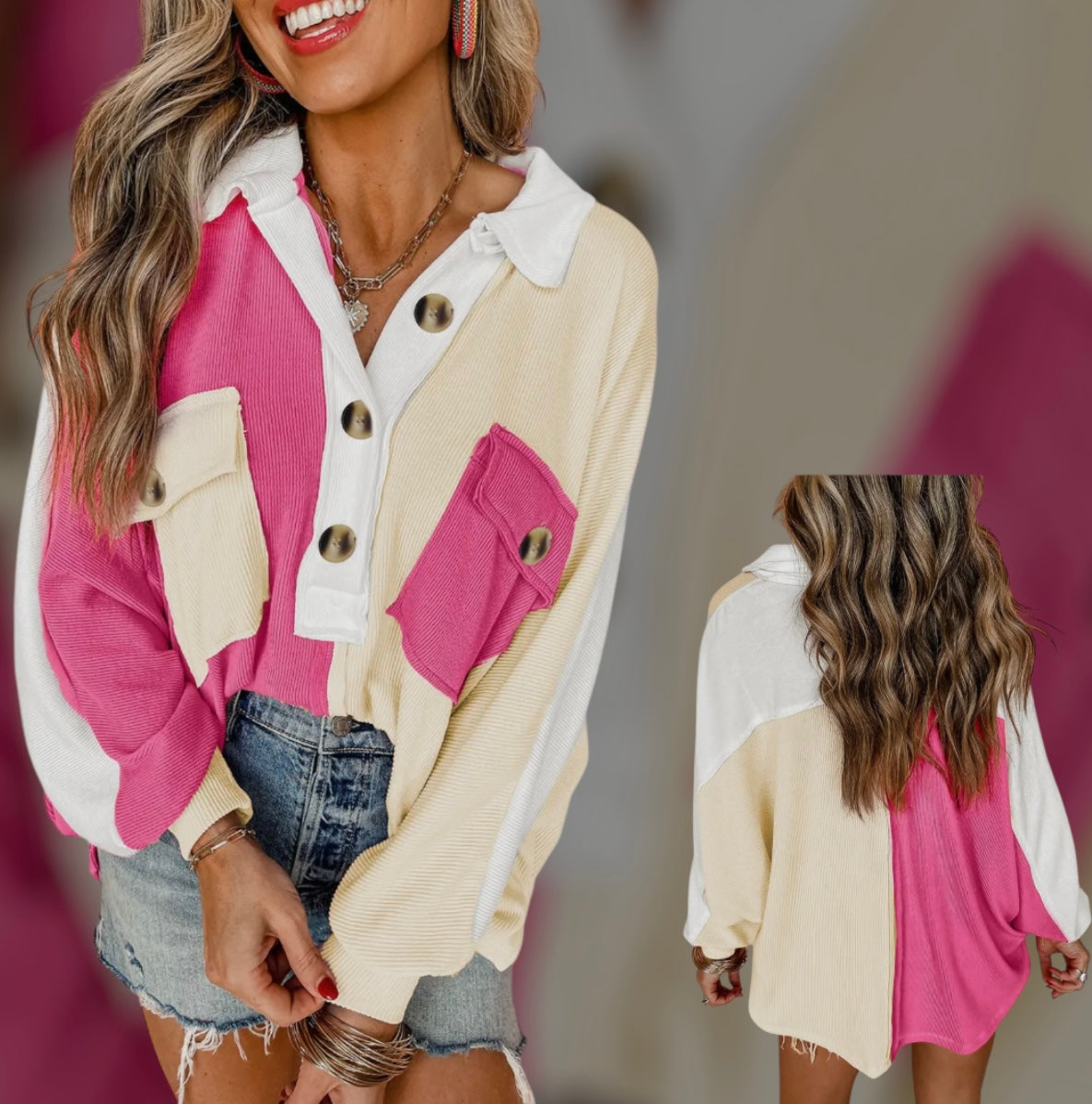 Colorblock Ripped Collard Oversized Sweatshirt