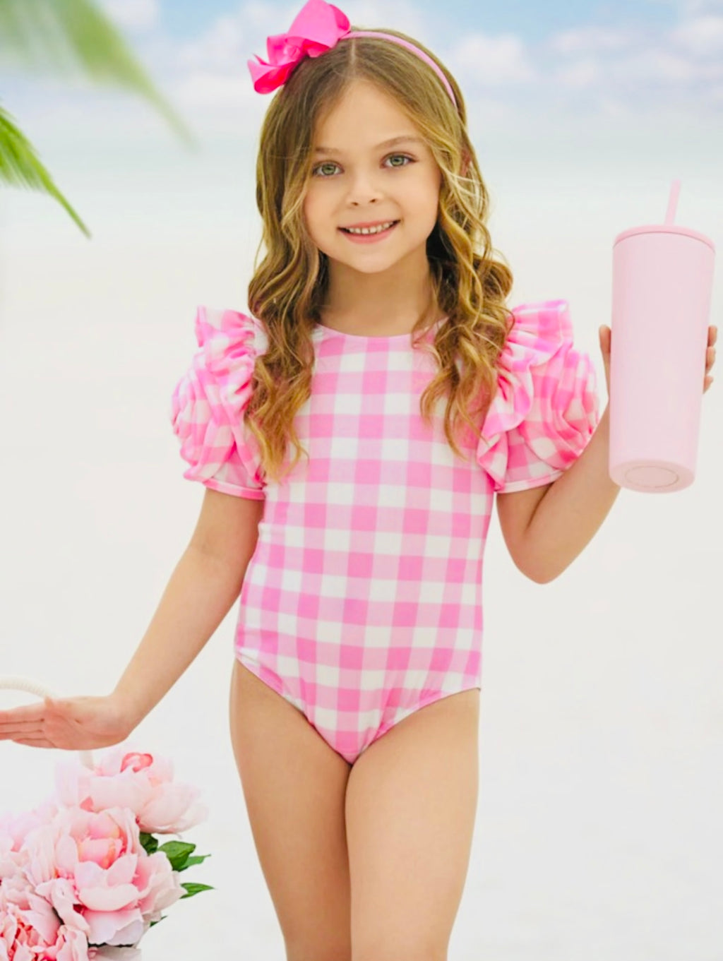 Gingham Rose Shoulder One Piece Swimsuit