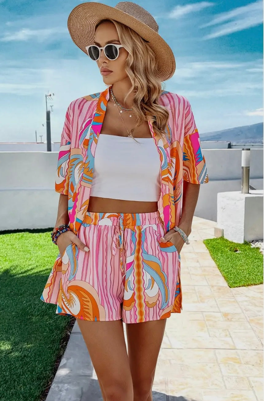 Drop Shoulder Graphic Tie Front Short Set