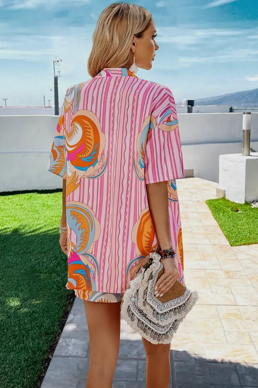 Drop Shoulder Graphic Tie Front Short Set