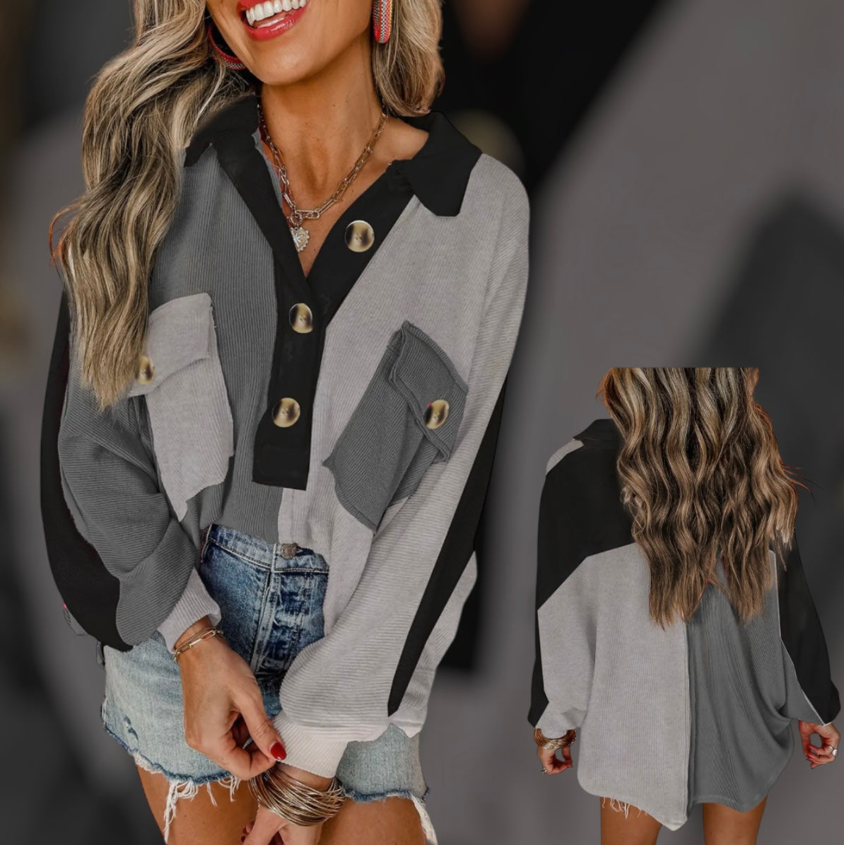 Colorblock Ribbed Collared Oversized Sweatshirt