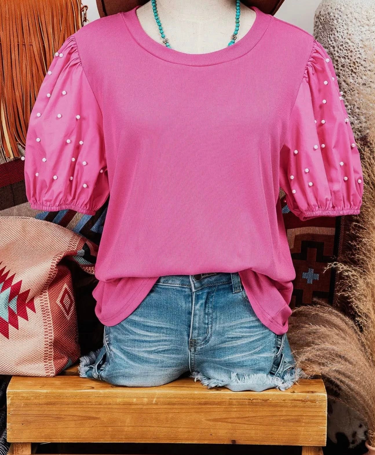 Pearl Beaded Puff Blouse