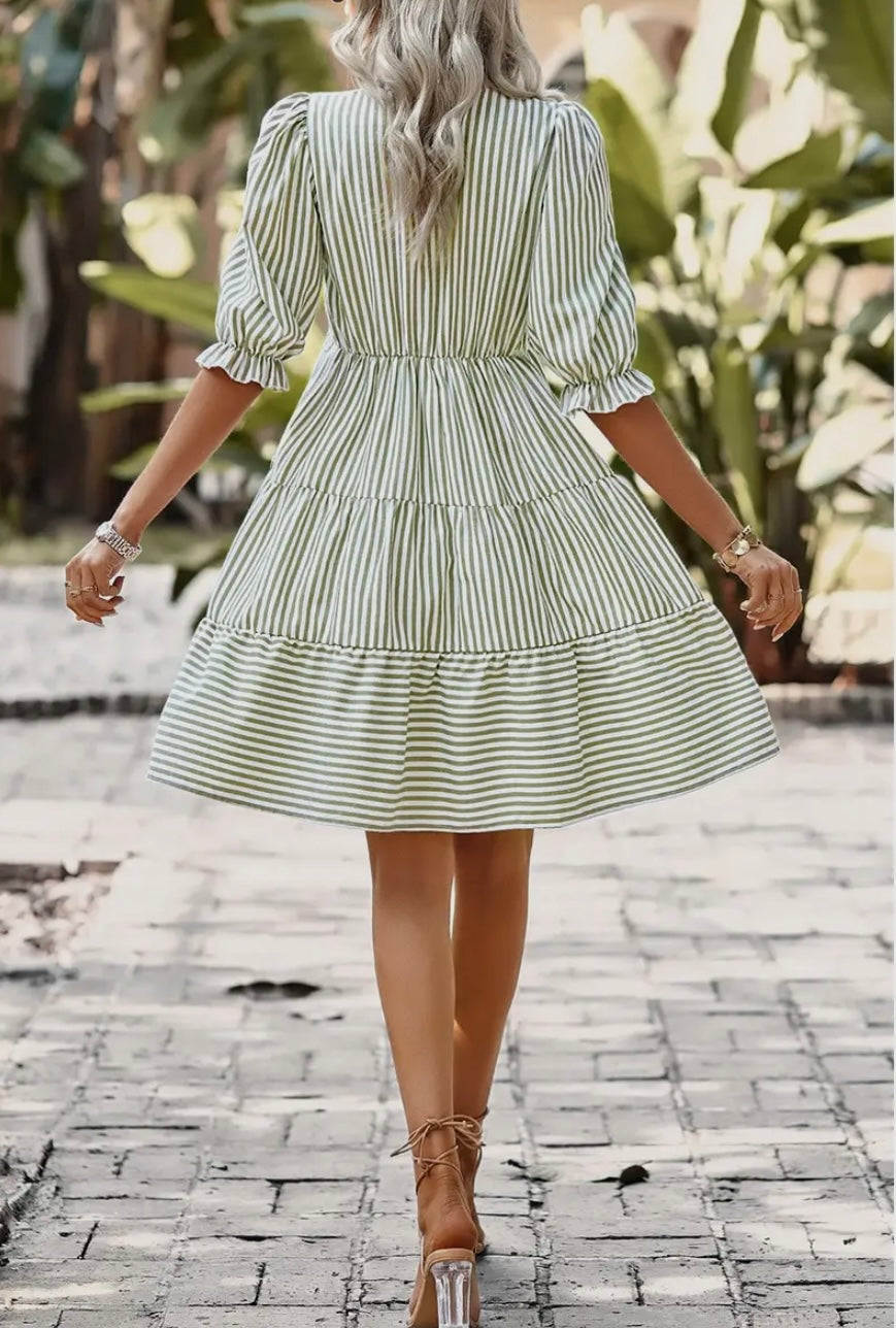High Waist Puffy & Button Dress