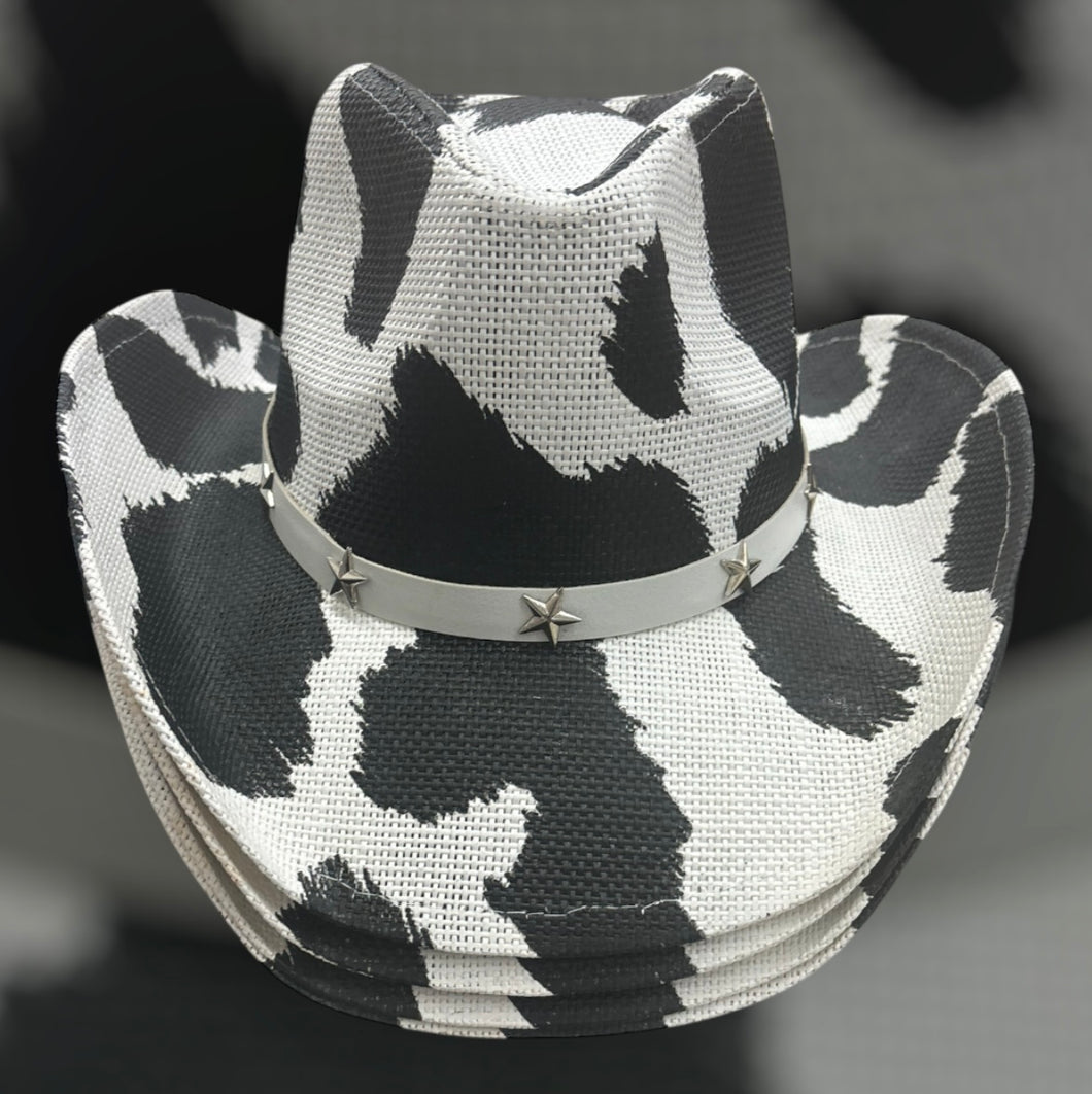 Black/White Knitted Cow Print Cowgirl Hat