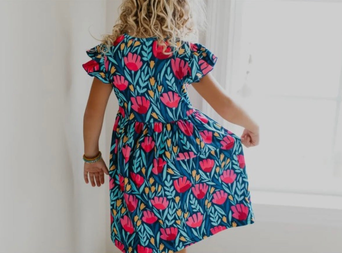 Blue Floral Flutter Sleeve Dress