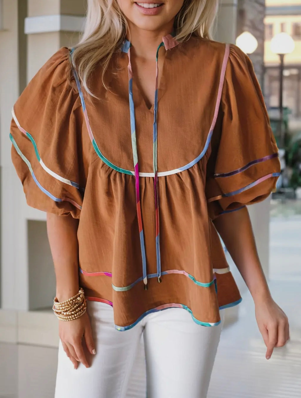 Curry Colorful Trim Wide Neck Blouse