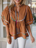 Curry Colorful Trim Wide Neck Blouse
