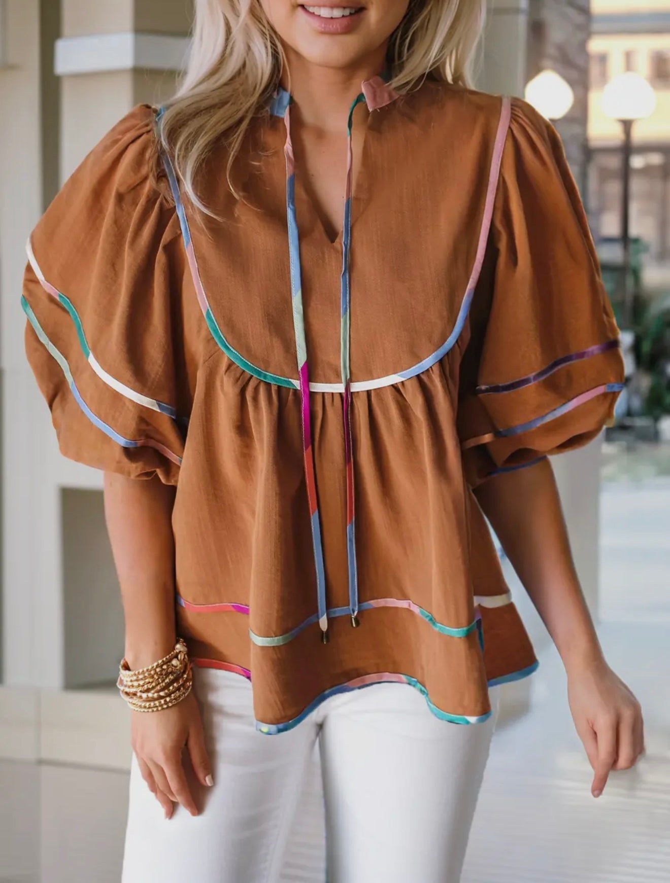 Curry Colorful Trim Wide Neck Blouse