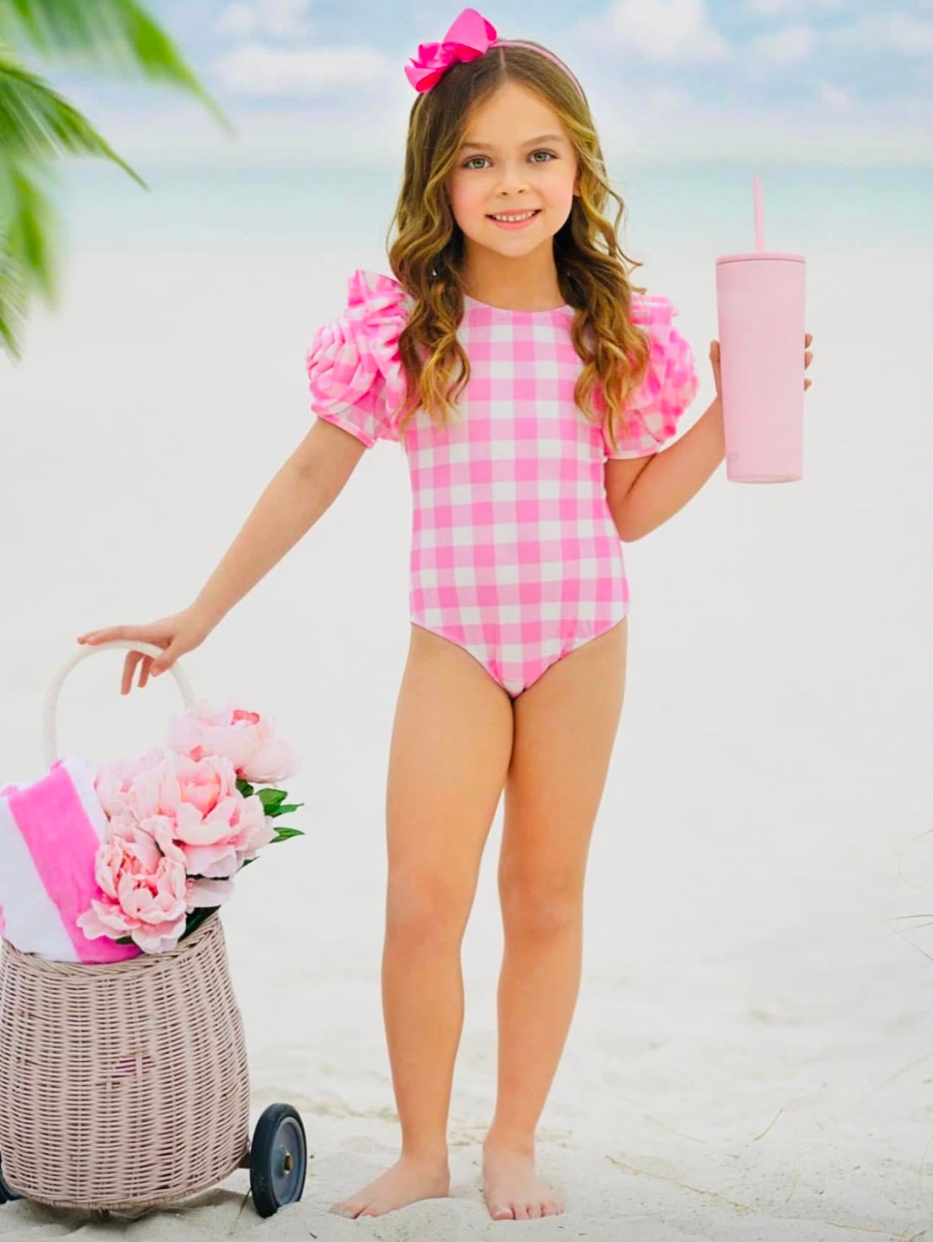 Gingham Rose Shoulder One Piece Swimsuit