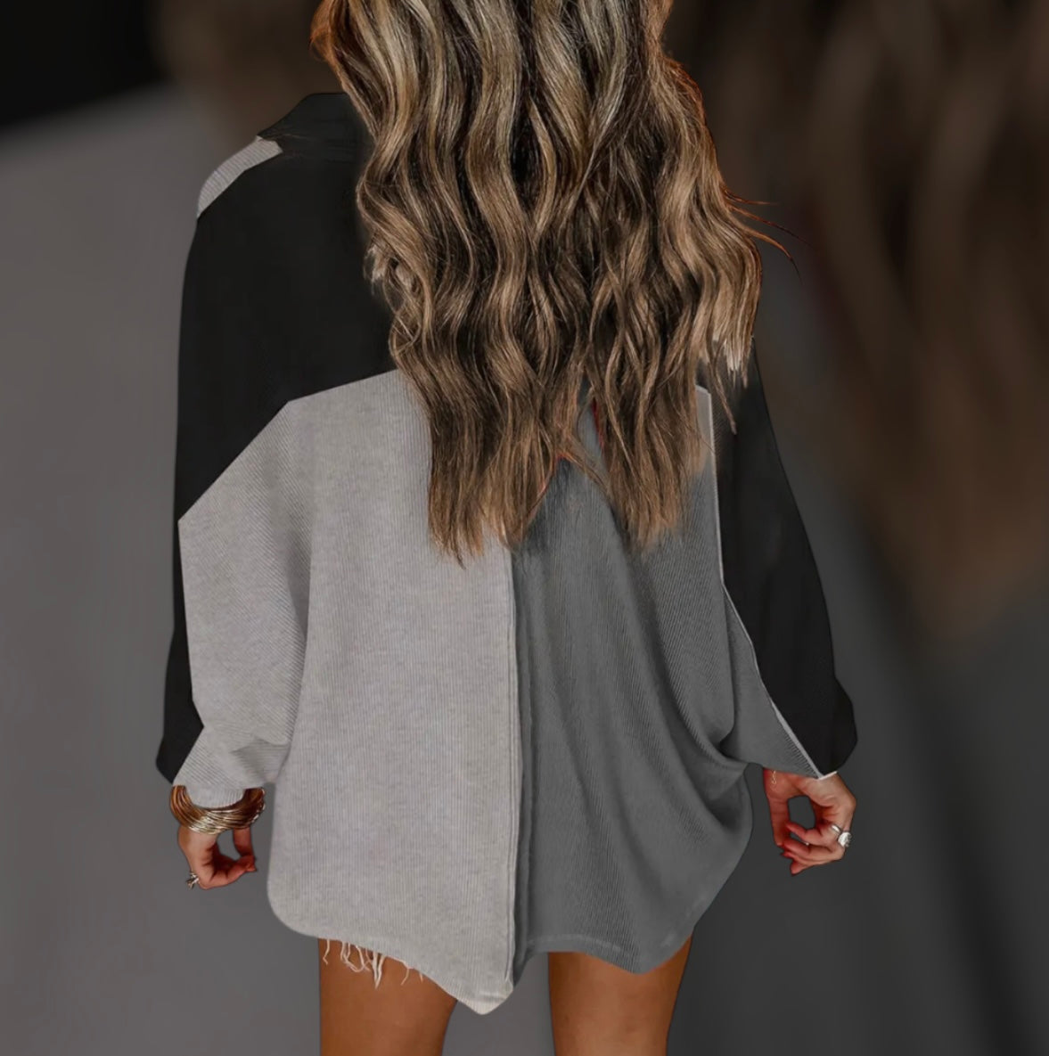 Colorblock Ribbed Collared Oversized Sweatshirt