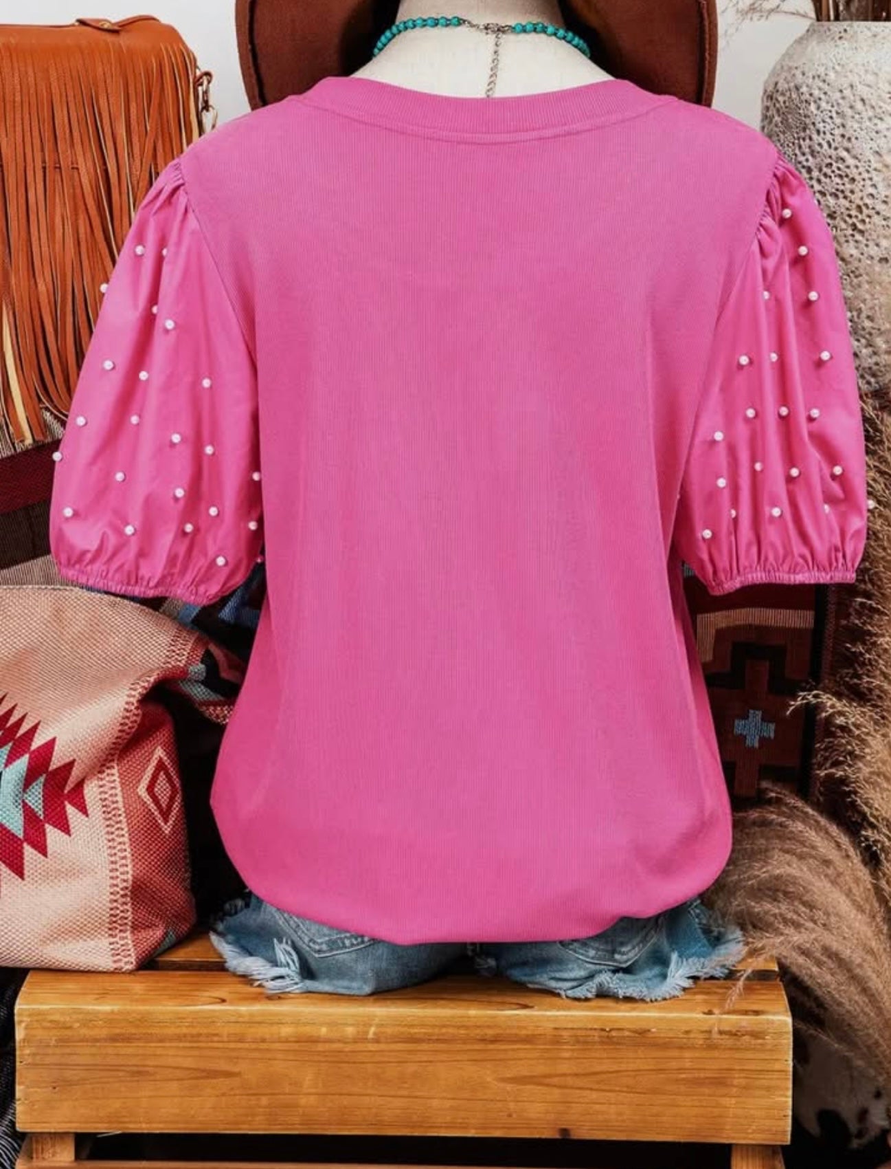 Pearl Beaded Puff Blouse