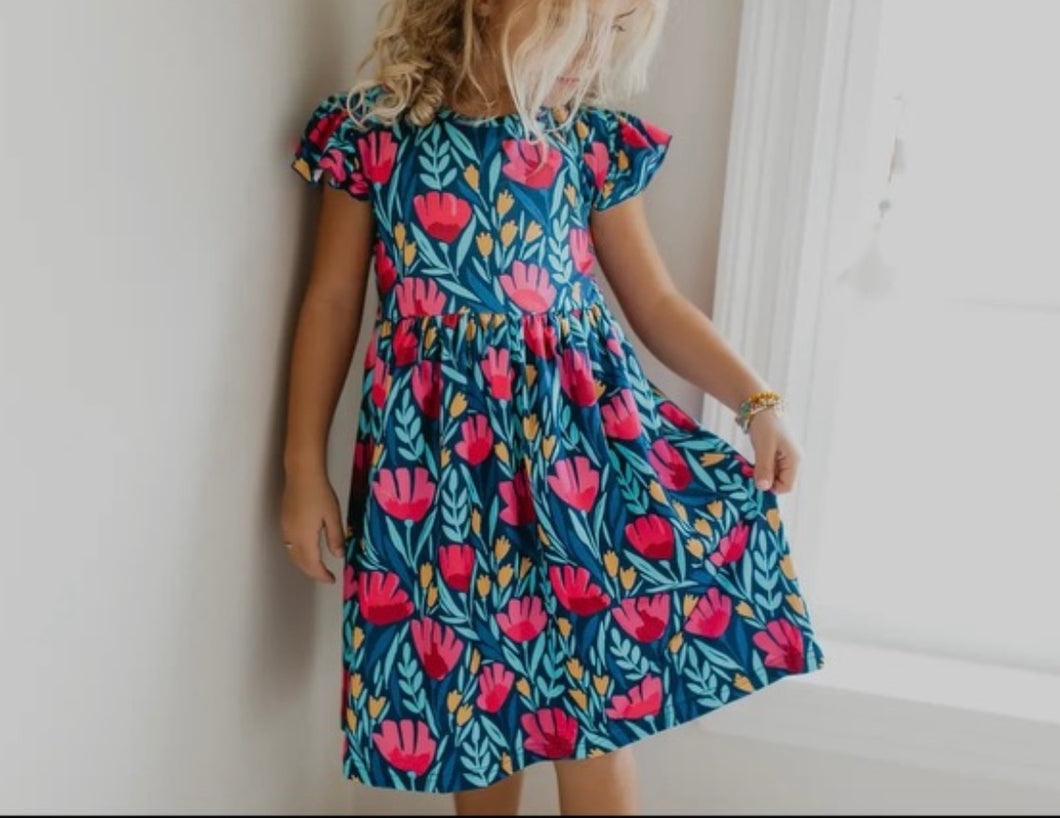 Blue Floral Flutter Sleeve Dress
