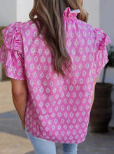 Load image into Gallery viewer, Pink Ruffled Sleeve Split Neck Blouse
