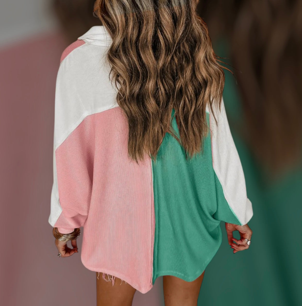 Colorblock Ribbed Collared Oversized Sweatshirt
