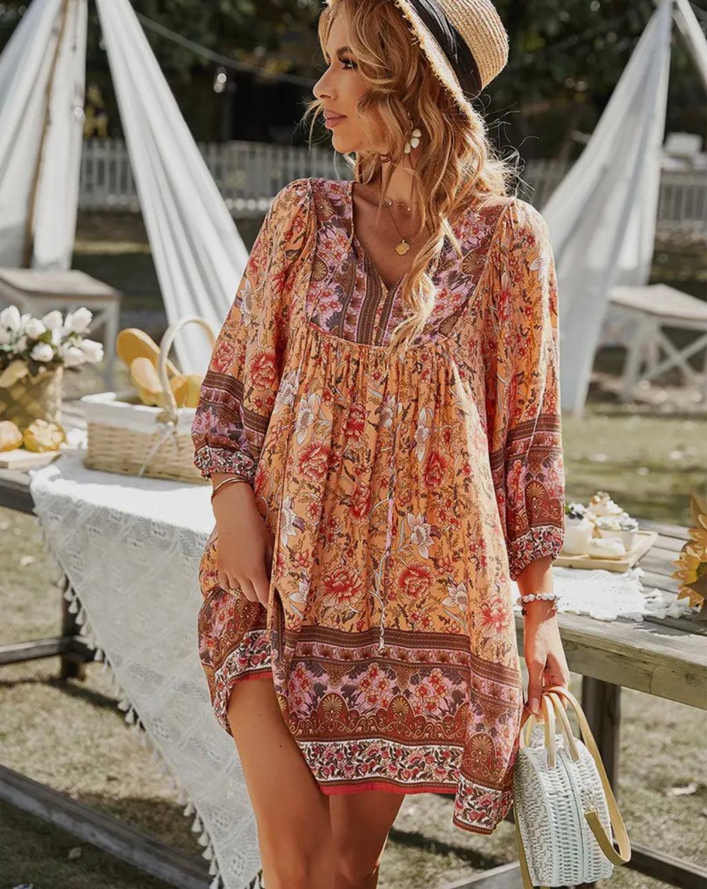 Bohemian Neck Tie Vintage Dress