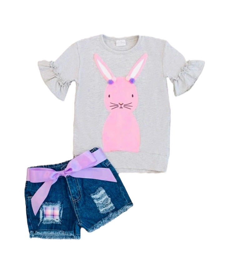 Bunny Pom Pom Denim Short Set