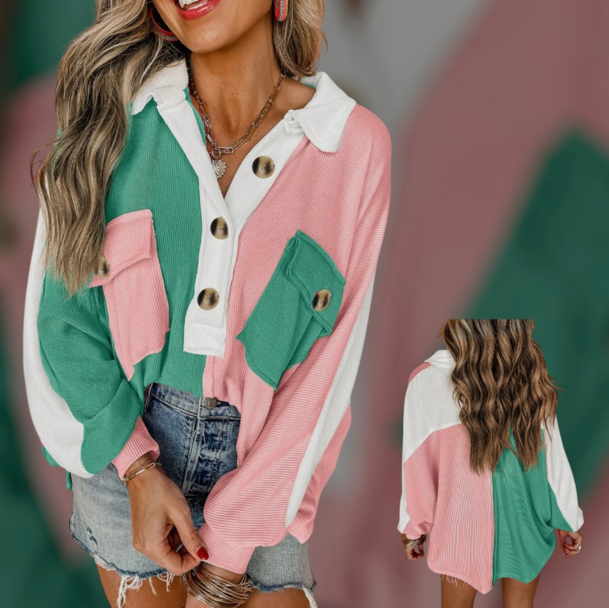 Colorblock Ribbed Collared Oversized Sweatshirt