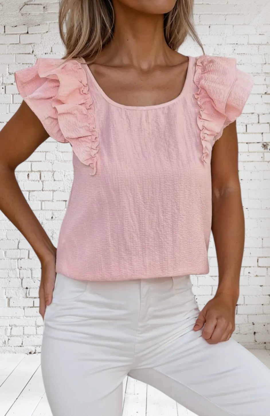 Textured Bow Knot Back Ruffle Blouse