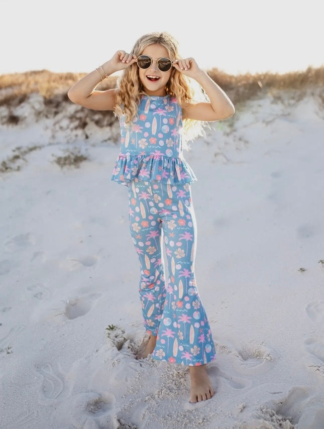 Dusty Blue & Pink Surf Flare Pants Set