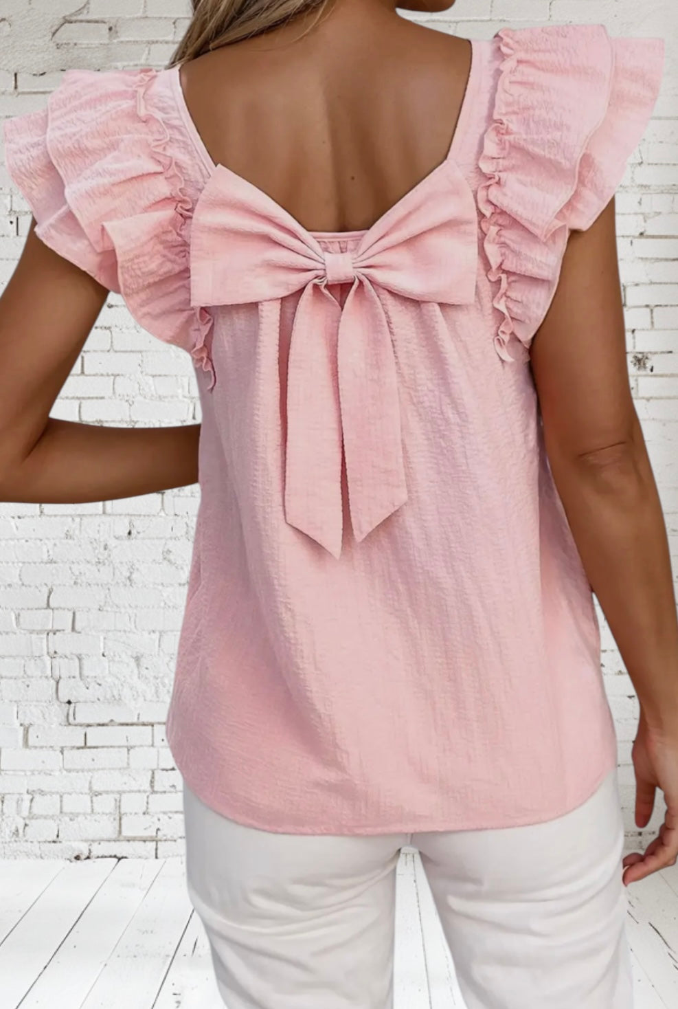 Textured Bow Knot Back Ruffle Blouse
