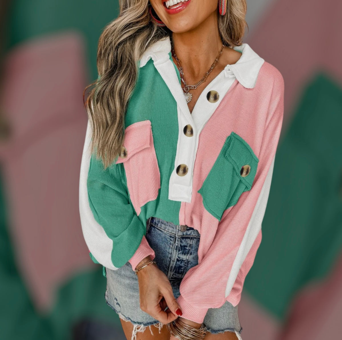 Colorblock Ribbed Collared Oversized Sweatshirt