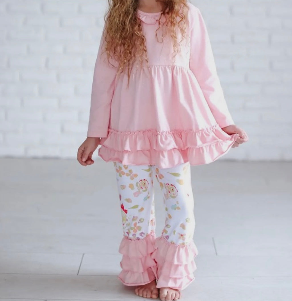 Pink Ruffle Top & Floral Pants Set