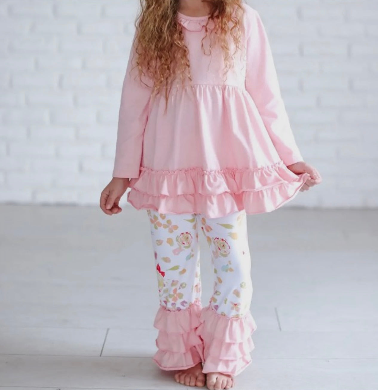 Pink Ruffle Top & Floral Pants Set