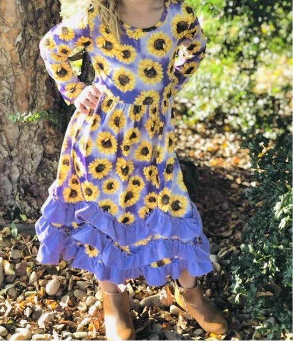 Purple Sunflower Long Sleeve Ruffle Maxi Dress