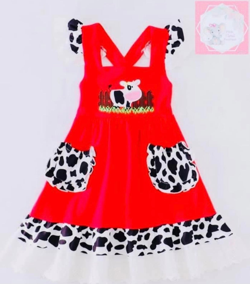 Red Cow Appliqué Flutter Dress