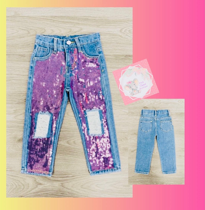 Purple Sequin Distressed Straight Leg Jeans