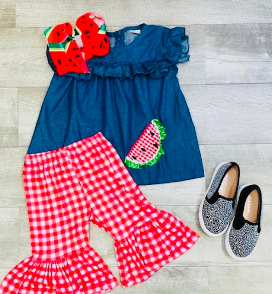 Watermelon Embroidery Ruffle Capri Set
