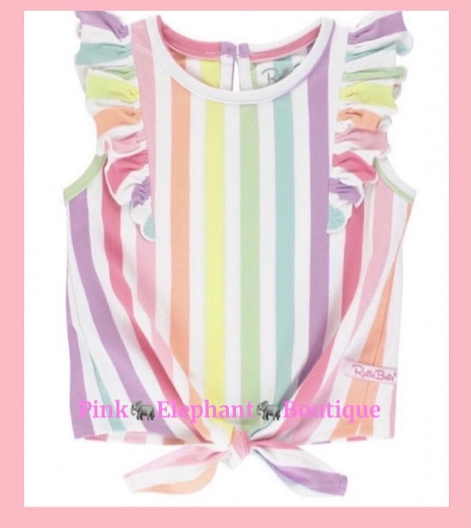 Rainbow Stripe Ruffle Tie Top