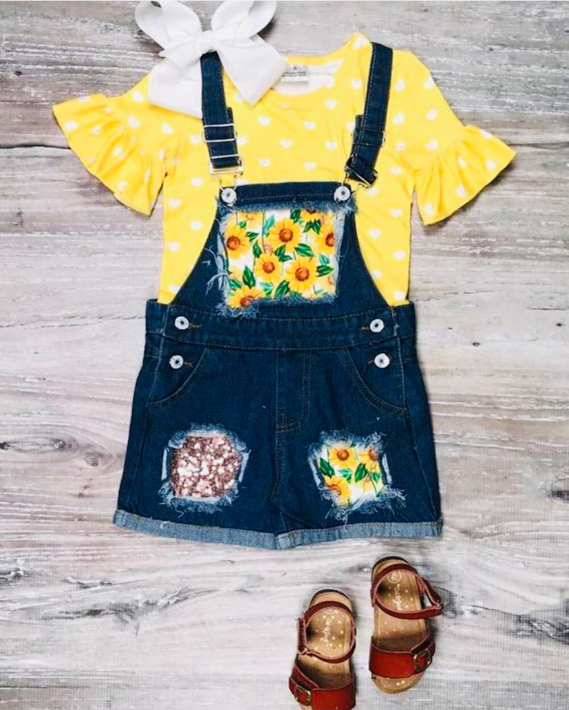 Sunflower Ruffle Top & Denim Overall Set