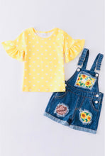 Load image into Gallery viewer, Sunflower Ruffle Top &amp; Denim Overall Set
