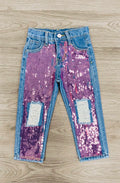 Purple Sequin Distressed Straight Leg Jeans