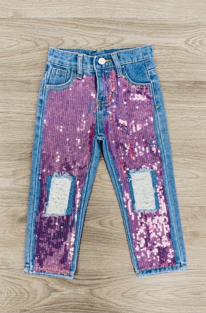 Purple Sequin Distressed Straight Leg Jeans