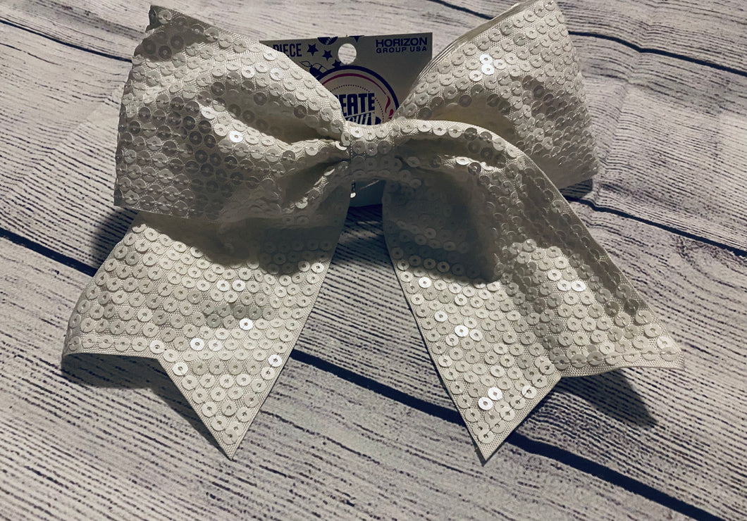 White Sequin Cheer Hair Bow