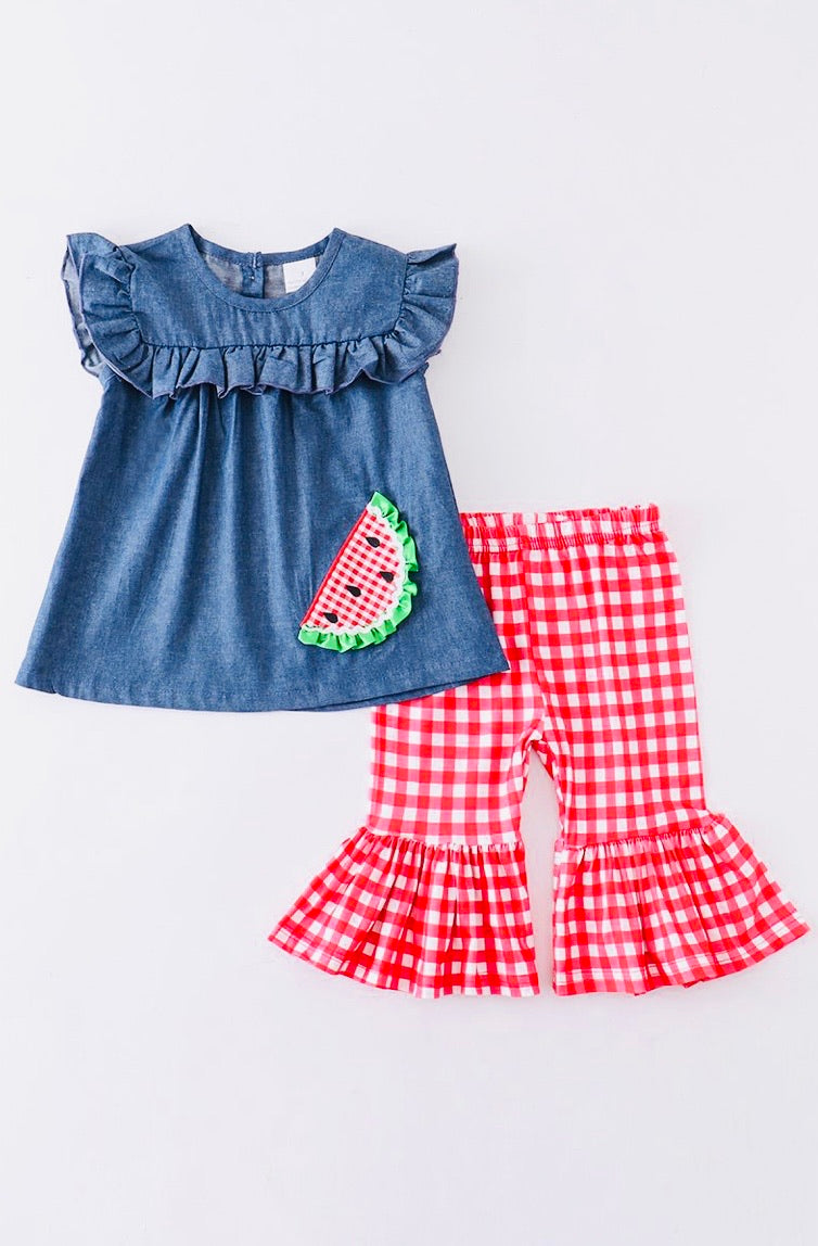 Watermelon Embroidery Ruffle Capri Set