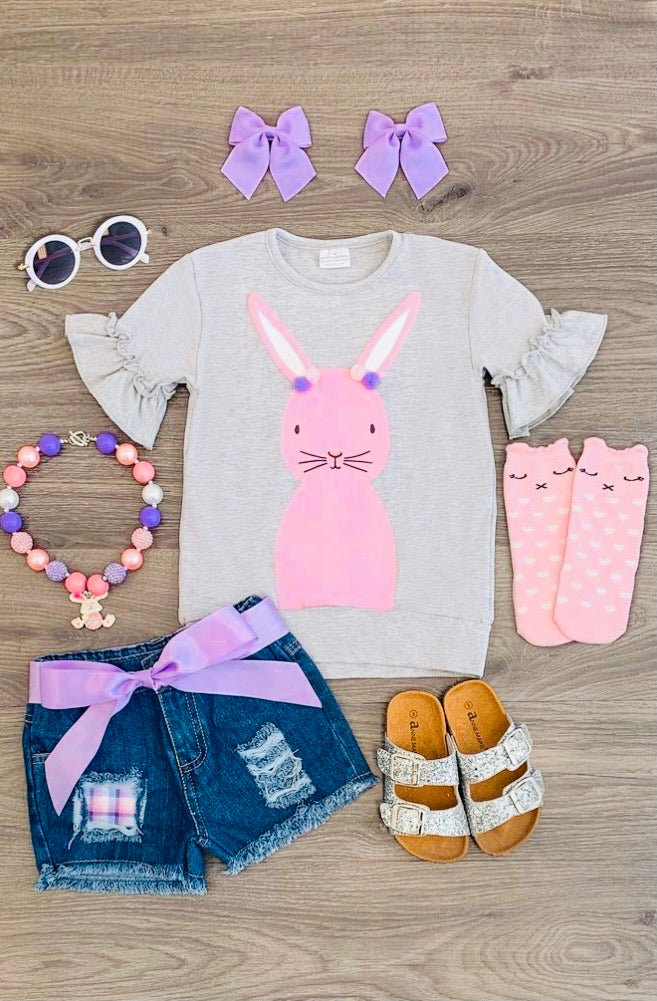 Bunny Pom Pom Denim Short Set