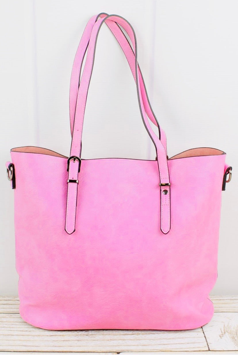 Pink Faux Leather Buckle Strap Tote