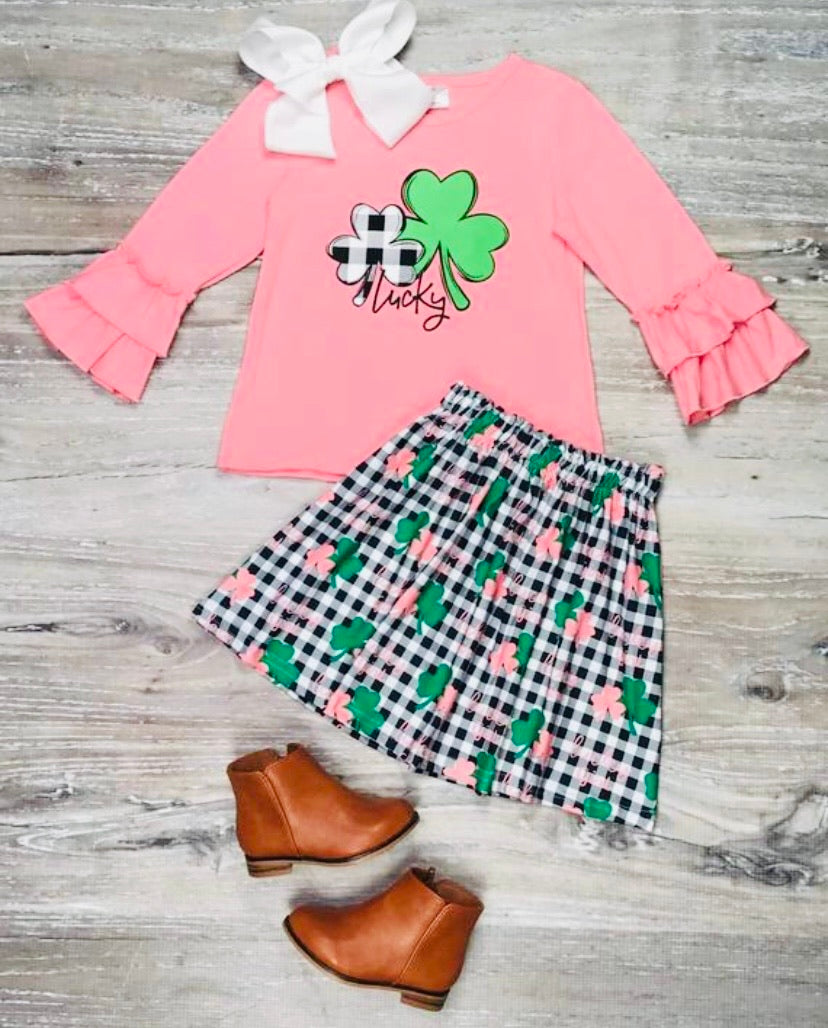 Lucky Shamrock Coral & Gingham Skirt Set