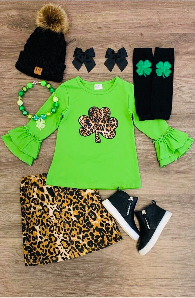 Green & Cheetah Clover Skirt Set