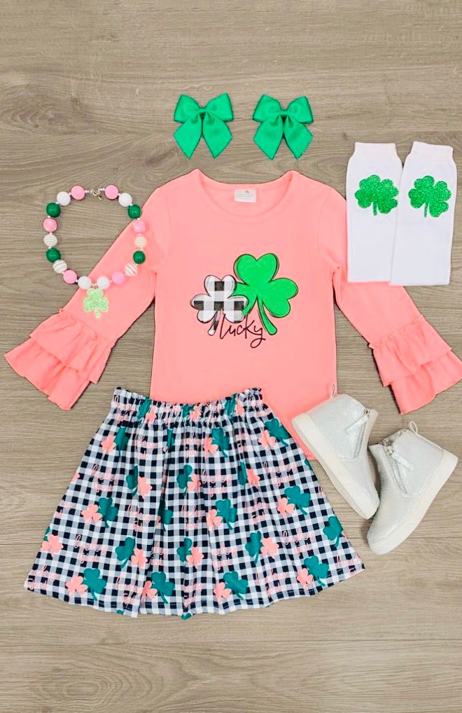 Lucky Shamrock Coral & Gingham Skirt Set